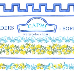 Capri Italy. Lemon and Blue Vintage BORDERS. Wedding Watercolor clipart.