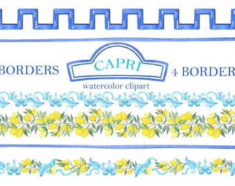 May include: Four watercolor borders featuring a blue and white geometric pattern, a lemon branch with yellow lemons, and a blue and white floral design. The text "CAPRI watercolor clipart" is in the center of the image.
