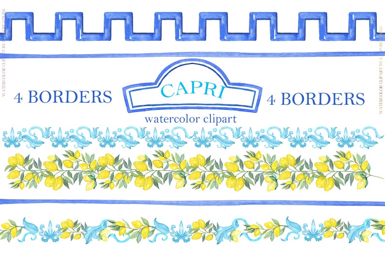 Capri Italy Wedding Watercolor clipart. Lemons and Blue Tiles Mediterranean image 5