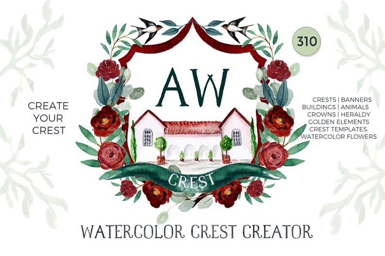 Watercolor Crest Creator. DIY Wedding Crest clipart. Bespoke watercolor crest Crest with dog Family crest Heraldry image 3