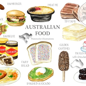 Comida australiana, ilustraciones en acuarela. Clipart de acuarela. Decoración de cocina. Mapa de viaje. Australia.