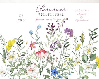 May include: A watercolor illustration of a bouquet of summer wildflowers in shades of pink, blue, yellow, and white. The flowers are arranged in a loose, natural style, with stems and leaves extending out from the center. The illustration is titled "Summer Wildflowers" and includes the text "flowers wreaths bouquets".