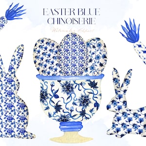 Blue Chinoiserie Easter.  Eggs, Bunny, Jars. Blue Watercolor Clipart | Chinoiserie Print