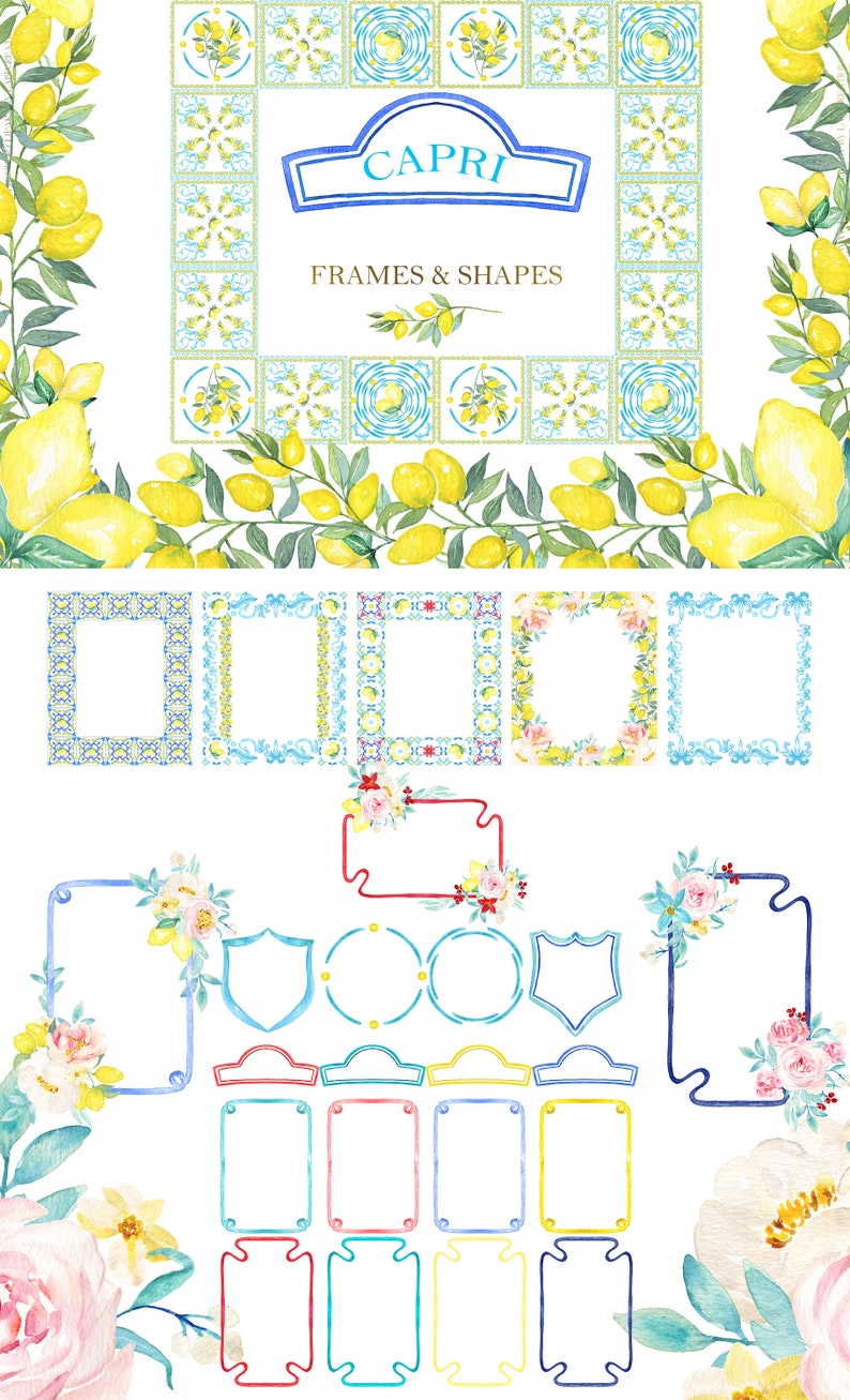 Capri Italy Wedding Watercolor clipart. Lemons and Blue Tiles Mediterranean image 4