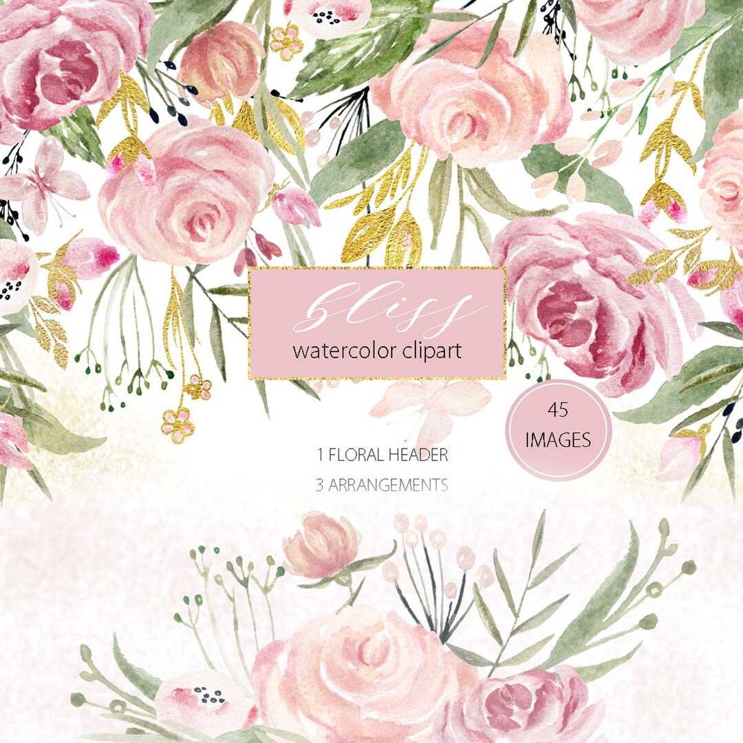Powder Pink and Gold Palette Digital Clip Art. Soft Pink Bouquets ...