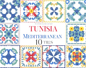 Watercolor Tiles Bright Red and Blue Tiles -Watercolor Tunisian Spanish Italian,  Greek, Moroccan Tiles. Watercolor clipart Wedding clip art