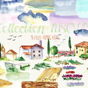 Watercolor clip art, hand drawn. Landscape clip art disigner. Collection "Tuscany". Watercolor landscape.  Tuscun wedding