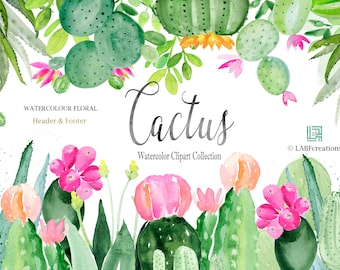 Cactus watercolor clipart, hand made. HEADER FOOTER. Succulent. Jucie colors. Mexica. Aloe Vera.