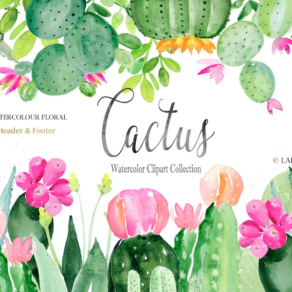 Clipart de acuarela de cactus, hecho a mano. PIE DE PÁGINA DE CABECERA. Suculento. Colores jucie. Mexica. Aloe Vera.