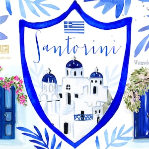 Griechenland Aquarell Clipart.  Santorini Kirchen, Mühle, Bunte Tür, Bougainvilliea Blumen. Aquarell Karte Illustrationen. Griechenland. Santorini
