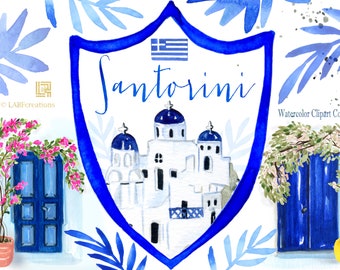 Greece Watercolor clipart.  Santorini Churches, Mill, Colorful door, Bougainvilliea Flowers. Watercolor map illustrations. Greece. Santorini