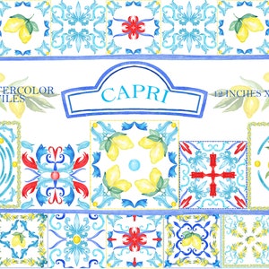 May include: 15 watercolor tiles featuring a blue, white, and yellow color scheme with a lemon motif. The tiles are arranged in a grid pattern and have a decorative border. The text "CAPRI" is written in a blue banner at the top of the image. The image is 12 inches by 12 inches.