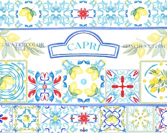Watercolor TILES Capri Italy Wedding Lemons and Blue Tiles