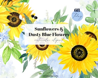 Sonnenblumen und Staubblaue Aquarellblumen| Sonnenblumen & Aquarell Clipart. | Sonnenblumen Schablone |  Eukalyptus mit Sonnenblumen Clipart.