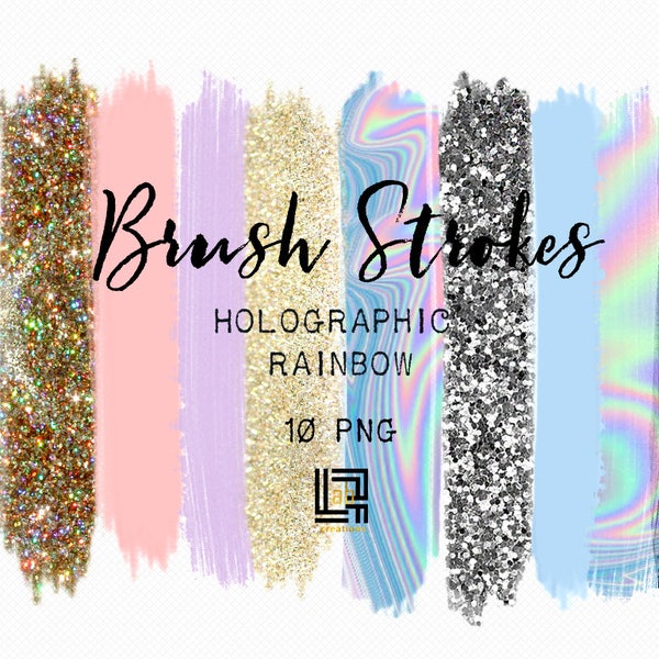 Brush Strokes Clip Art. Holographic rainbow. Holographic colors: silver glitter, light purple, gold glitter, purple Digital Design Resource.