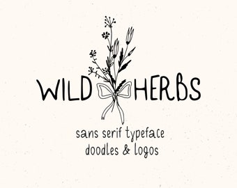 Rustic Handwritten Font Wild Herbs.  52  Floral Doodles. Flowers  Logos.  Sans serif Typeface