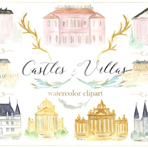 Imágenes prediseñadas de acuarela de castillo y villas, dibujadas a mano. Edificio clipart de acuarela. Boda, bellas artes, invitaciones de lujo, escudo de acuarela.