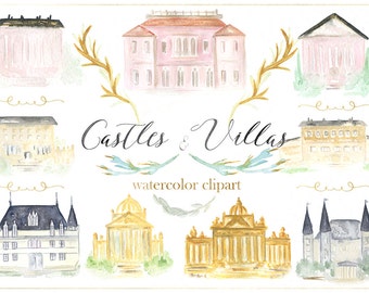 Castle and villas watercolor clip art, hand drawn. Building watercolor clipart. Wedding, fine art, luxury invitations, watercolor crest.