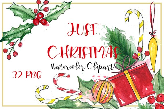 Just Christmas. Watercolor Clipart Hand Drawn. Christmas Clip - Etsy