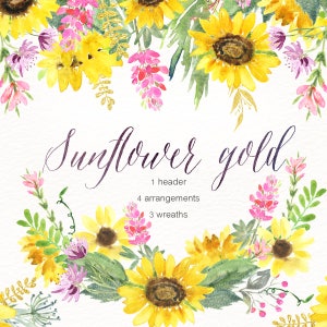 Sunflower gold watercolour clipart, hand drawn. Wreaths, header, arrangements . Rustic wedding, yellow flowers invitations, pink lupin.