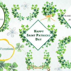 May include: Watercolor illustrations of shamrocks, wreaths, and a bouquet of shamrocks. The text "Happy Saint Patricks Day" is in a diamond-shaped frame.