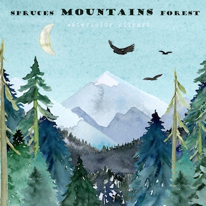 Pine Trees. Mountains Spruces Forest.Watercolor Clipart . Fir Trees | PNG Christmas Winter Forest |Landscape Clip Art | Forest Animals.