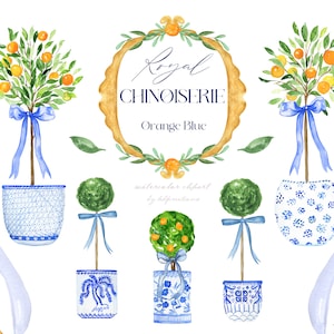 Royal Chinoiserie Orange & Blue Topiary. Watercolor Clipart