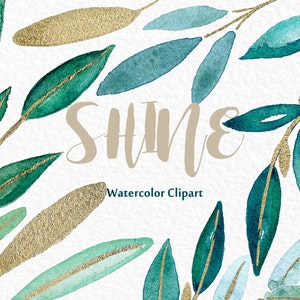 Shine gold leaves Watercolor clipart image 1