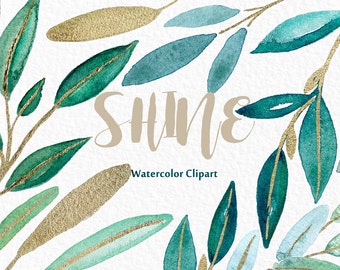 Shine gold leaves Watercolor clipart