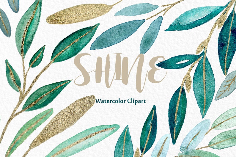 Shine gold leaves Watercolor clipart image 1