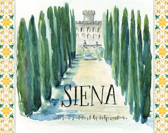 Può includere: Dipinto ad acquerello di un sentiero fiancheggiato da cipressi che conduce a un castello a Siena, Italia. Il dipinto ha un bordo di motivi di piastrelle colorate.