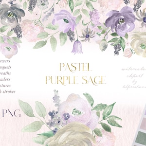 Salvia viola pastello. Clipart ad acquerello. Fiori viola. Verde acquerellato. Lavanda. Fiori malva. Fiori lilla pastello
