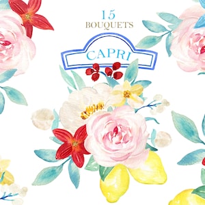 Capri Italien BOUQUETS Hochzeit Aquarell Clipart. Zitronen und blaue Fliesen Mediterran