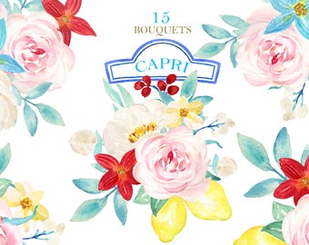 May include: Watercolor illustration of 15 bouquets of flowers with lemons, roses, and other floral elements. The bouquets are arranged in a repeating pattern on a white background. The text "15 BOUQUETS CAPRI" is displayed in the center of the image.