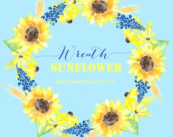Sunflower Digital Watercolor clip art hand drawn. Wreath Tournesol. Romantic wedding, bright, jaune flowers, invitations, watercolour flower