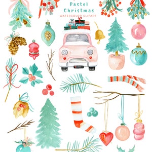 Pastel Christmas Christmas Clipart Watercolor Holiday Clip Art Winter clipart New Year clipart Mistletoe Vintage car image 6