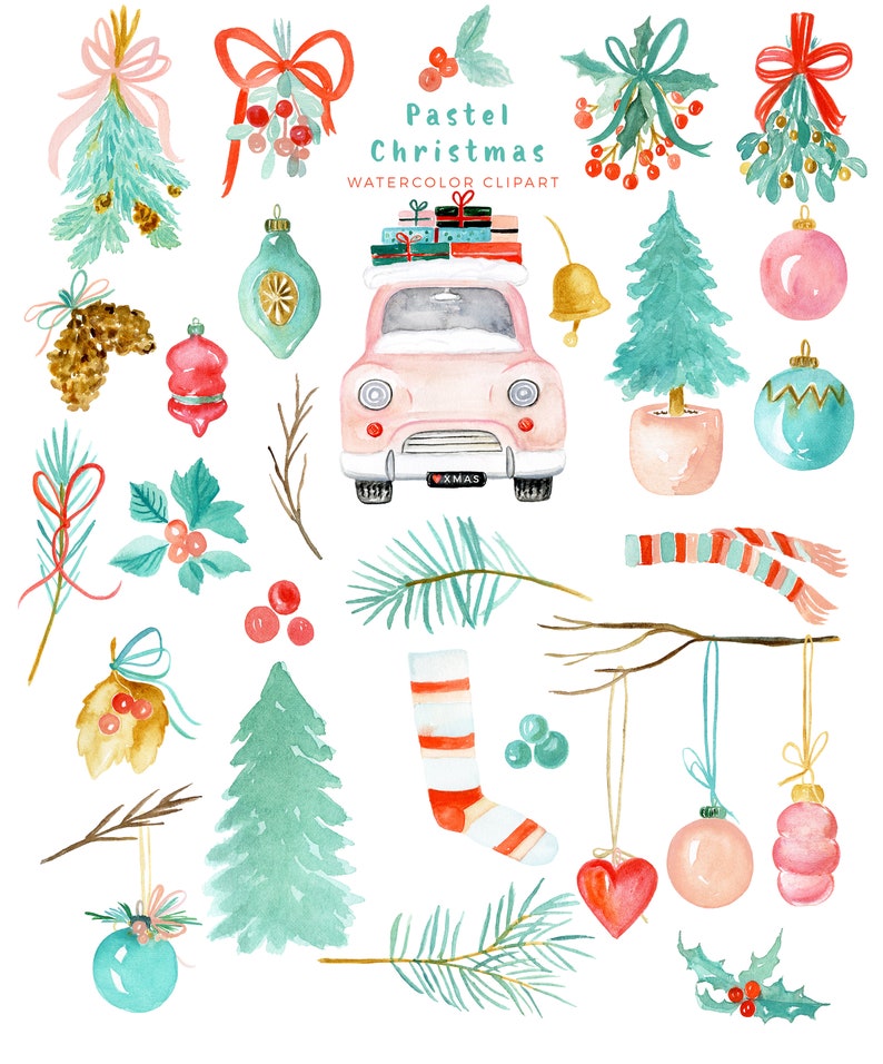 Pastel Christmas Christmas Clipart Watercolor Holiday Clip Art Winter clipart New Year clipart Mistletoe Vintage car image 6