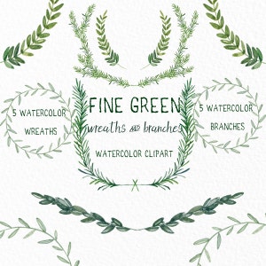 Green Wreaths and Branches watercolor Clipart peinte à la main. Aquarelle. Laurel Wreath, vert, olivier,romarin, couronne, logos, laurier