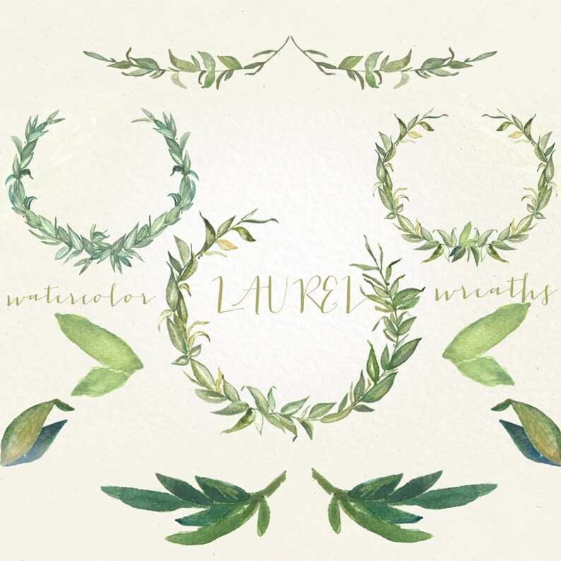 May include: Watercolor illustration of laurel wreaths and leaf sprigs in shades of green. The word "LAUREL" is centered, with "watercolor" and "wreaths" written on either side. The design features various wreath shapes and leaf arrangements.