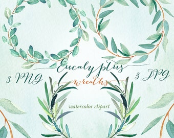 Eucalyptus  wreaths watercolor clipart hand drawn. Romantic wedding, mint green, tender green branches, wedding invitation.