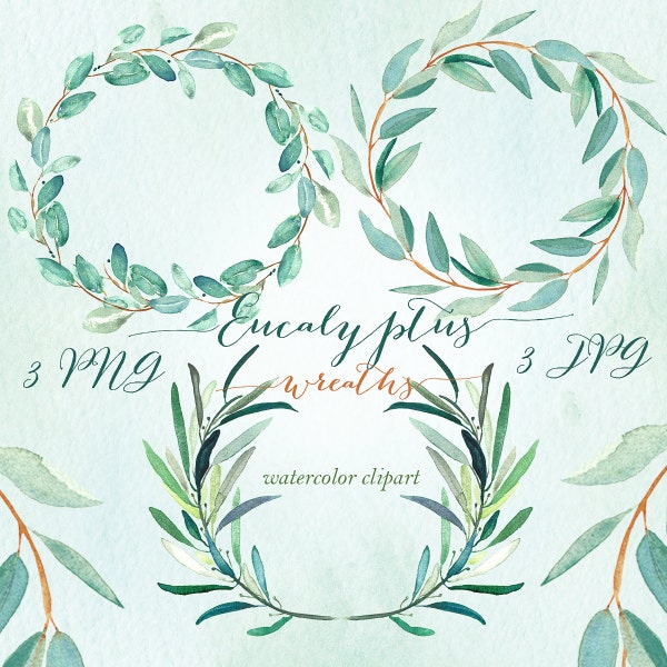 Eucalyptus  wreaths watercolor clipart hand drawn. Romantic wedding, mint green, tender green branches, wedding invitation.