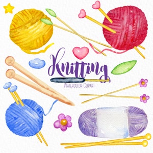 Knitting watercolor  clipart, hand drawn. knit, Knitter, yarn , logo, needles, cards postal, deco scarpbooking, heart,