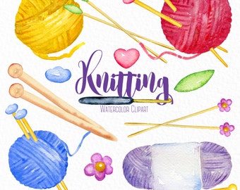 Può includere: Clipart ad acquerello di forniture per la maglia, tra cui gomitoli di lana in giallo, rosso, blu e viola, ferri da maglia e una foglia. Il testo "Knitting Watercolor Clipart" è incluso nell'immagine.