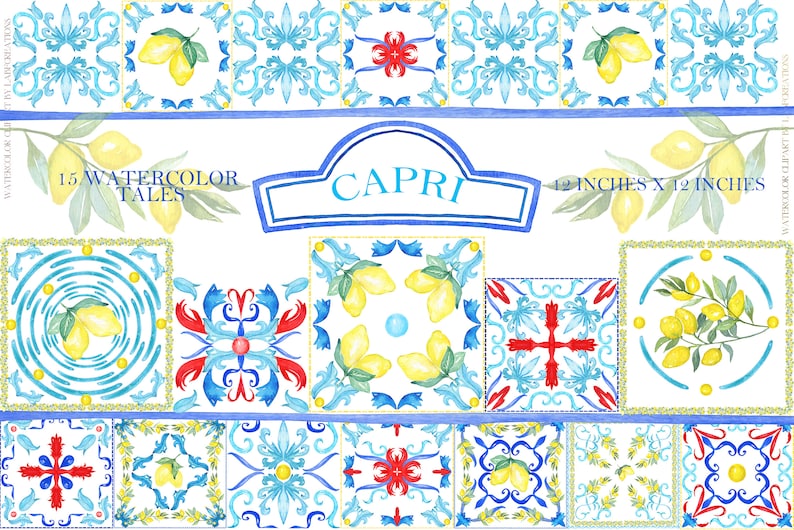 Capri Italy Wedding Watercolor clipart. Lemons and Blue Tiles Mediterranean image 10