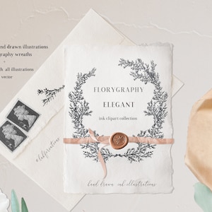 Florygraphy Elegant. Ink hand drawn clipart.  Modern calligraphy illustrations. Branches and wreaths.