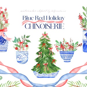 Chinoiserie natalizie blu e rosse |  Clipart acquerello natalizio | Stampa cineseria