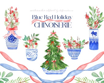 Blue Red Holiday Chinoiserie  |  Christmas Watercolor Clipart | Chinoiserie Print