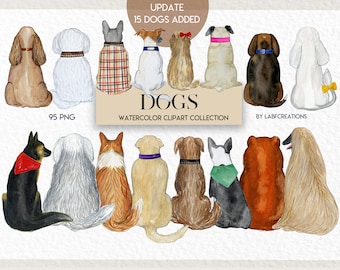 Dog watercolor clipart,  accessories for dogs, backs of dogs, print creator.  Dog breeds Pet clip art. Dog lovers gift. Updated
