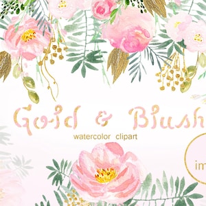 Può includere: Illustrazione ad acquerello con rose rosa, foglie verdi e dettagli dorati. Il testo "Gold & Blush" è scritto in un carattere delicato. L'immagine include anche il testo "watercolor clipart" e "35 immagini".