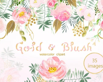 Blush pink and gold watercolor clip art. Pink  watercolour wreath, header, watercolor flowers. Wedding invitations. Peonies.